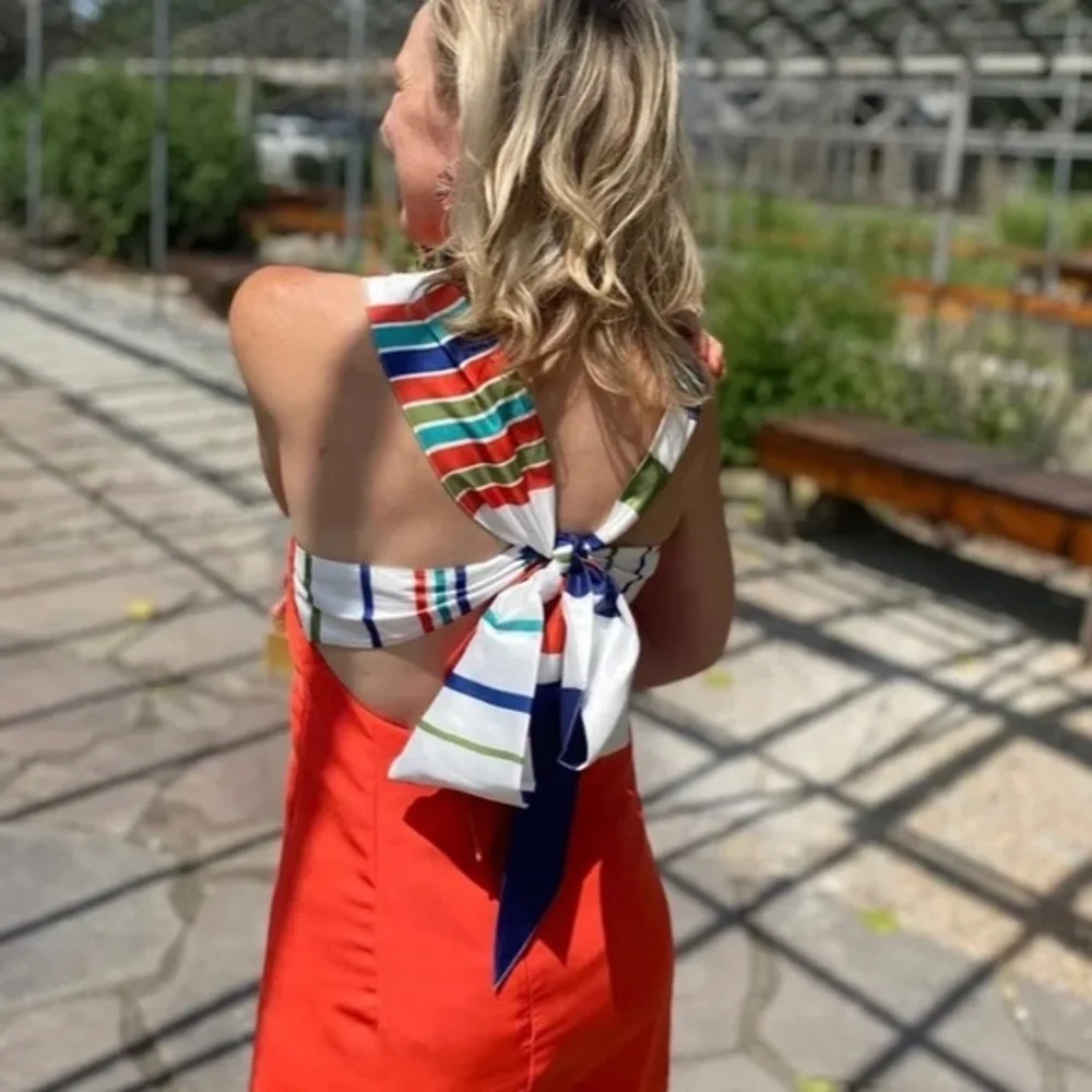 LULU’S Joyful Red Orange Multi Stripe Tie-Back Mini Dress Size Small, Like New - Picture 14 of 15